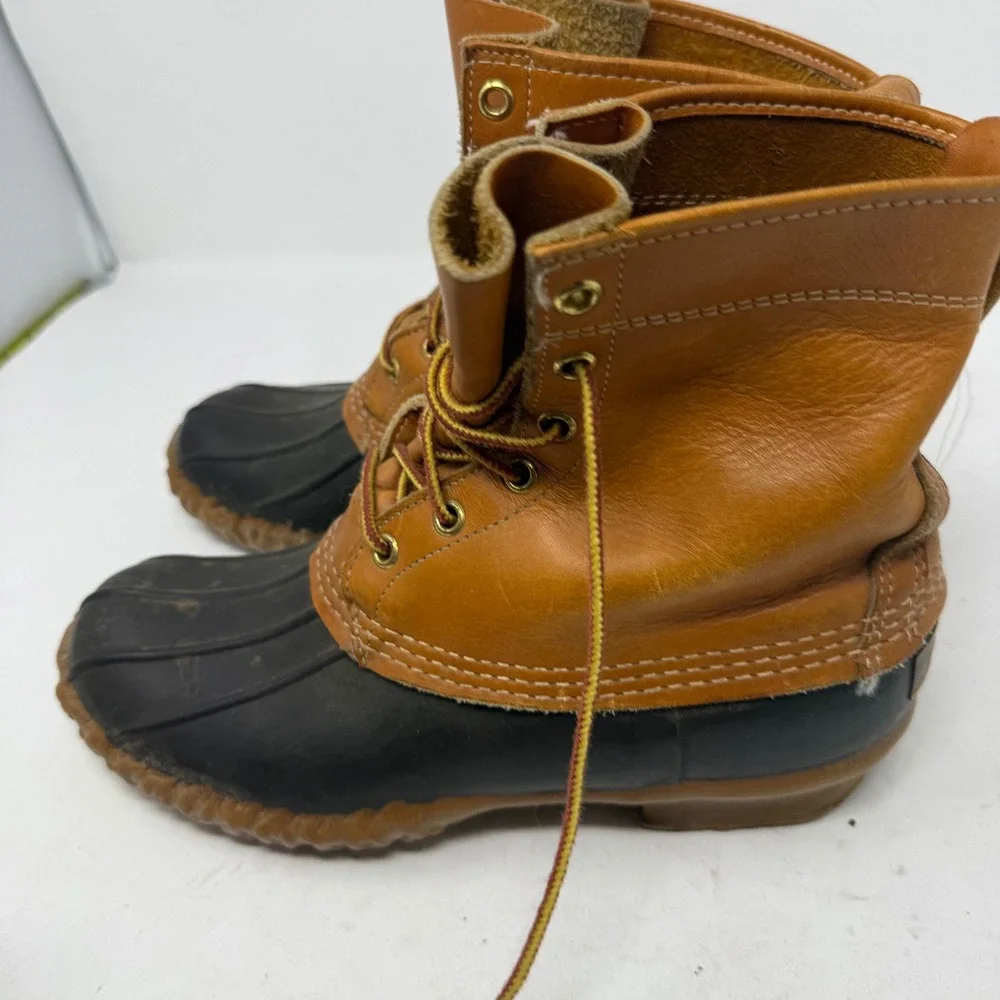 VTG LL Bean Maine Hunting Shoe Womens 7 Duck Boots Tan Leather Rubber USA Made